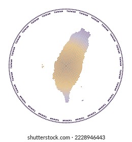 Taiwan round logo. Digital style shape of Taiwan in dotted circle with country name. Tech icon of the country with gradiented dots. Cool vector illustration.