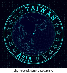 Taiwan round sign. Futuristic satellite view of the world centered on Taiwan. Country badge with map, round text, and binary background. Beautiful vector illustration.
