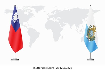 Taiwan and San Marino flags for official meeting against background of world map.