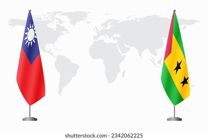 Taiwan and Sao Tome and Principe flags for official meeting against background of world map.
