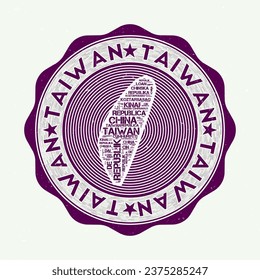 Taiwan seal. Country round logo with shape of Taiwan and country name in multiple languages word cloud. Amazing emblem. Modern vector illustration.