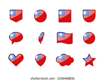 Taiwan - set of shiny flags of different shapes. Vector illustration