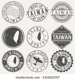 Taiwan Set of Stamps. Travel Stamp. Made In Product. Design Seals Old Style Insignia.