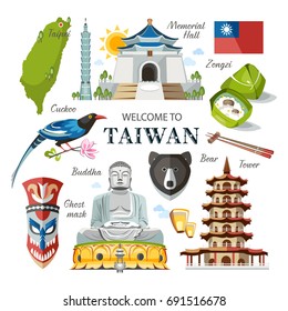 Taiwan set of traditional Taiwanese objects architecture food religion symbols buildings