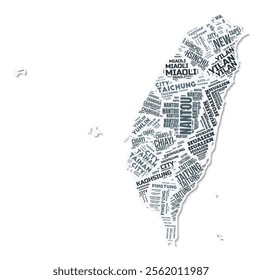 Taiwan shape text cloud. Country border with shadow on white background. Taiwan with regions division in vintage gazette style. Trending vector illustration.