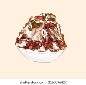 Taiwan shaved ice with brown sugar and red beans  for summer dessert in flat realistic illustration art design