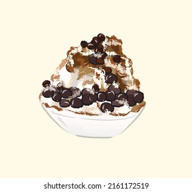 Taiwan shaved ice with brown sugar and tapioca pearls for summer dessert in flat realistic illustration art design