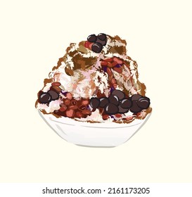 Taiwan shaved ice with brown sugar tapioca pearls, and red beans  for summer dessert in flat realistic illustration art design