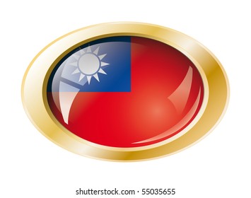Taiwan shiny button flag with golden ring vector illustration. Isolated abstract object against white background.