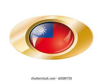 Taiwan shiny button flag with golden ring vector illustration. Isolated abstract object against white background.