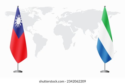 Taiwan and Sierra Leone flags for official meeting against background of world map.