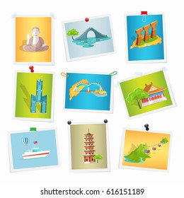 Taiwan sightseeings pictures collection on white. Vector colorful illustration in flat design of images with asian world famous landmarks attached by drawing pins, paper clips and scotch tape