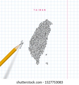 Taiwan sketch scribble map drawn on checkered school notebook paper background. Hand drawn vector map of Taiwan. Realistic 3D pencil.