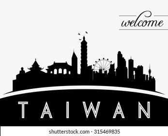 Taiwan skyline silhouette, black and white design, vector illustration