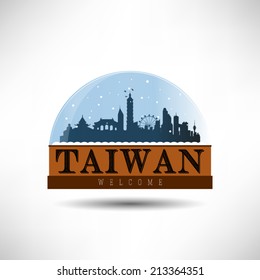 Taiwan, skyline silhouette design in snow globe, vector illustration.