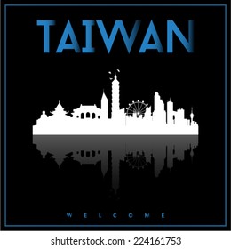 Taiwan, skyline silhouette vector design on parliament blue and black background.