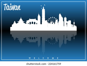 Taiwan, skyline silhouette vector design on parliament blue and black background.