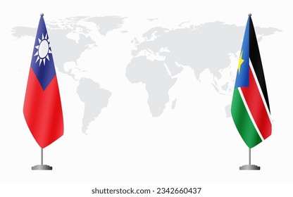 Taiwan and South Sudan flags for official meeting against background of world map.