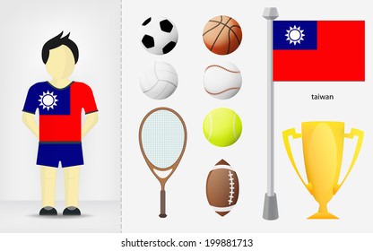 Taiwan sportsman with sport equipment collection vector illustration