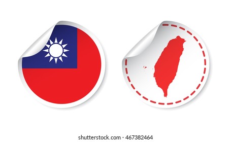 Taiwan sticker with flag and map. Label, round tag with country. Vector illustration on white background.