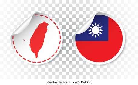 Taiwan sticker with flag and map. Label, round tag with country. Vector illustration on isolated background.