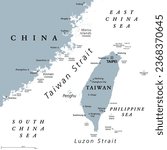 Taiwan Strait, gray political map. Important waterway and disputed international waters, separating the island of Taiwan and continental Asia, which connects the East China Sea and South China Sea.