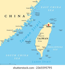 Taiwan Strait, political map. Important waterway and disputed international waters, separating the island of Taiwan and continental Asia, which connects the East China Sea and the South China Sea.