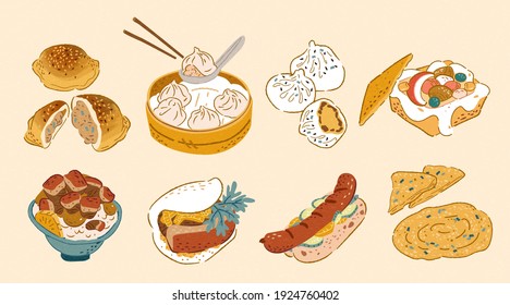 Taiwan street food collection in doodle design, including pepper buns, xiao long bao, pan-fried bun, coffin bread, braised pork rice, gua bao, sausage with sticky rice, and scallion pie.