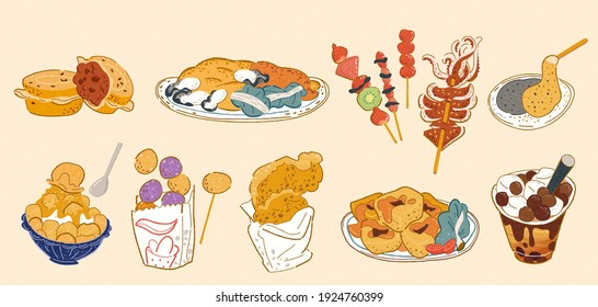 Taiwan street food doodle set, including wheel cake, oyster omelet, tanghulu, grilled squid, mochi, mango shaved ice, fried sweet potato balls, fried chicken fillet, stinky tofu, bubble milk tea