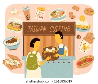 Taiwan street food vendor with plenty of delicious cuisines in hand drawn style