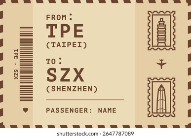 Taiwan, Taipei - China, Shenzhen flight, luggage tag, boarding pass card. Vector illustration layout for infographic, postcard, sticker, print, promo in vintage style with landmark stamps