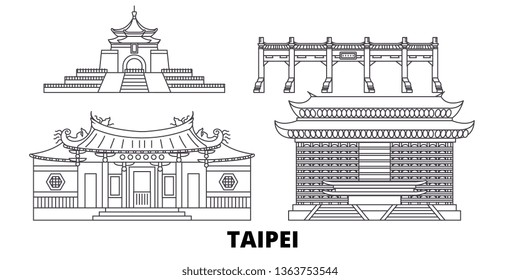 Taiwan, Taipei line travel skyline set. Taiwan, Taipei outline city vector illustration, symbol, travel sights, landmarks.