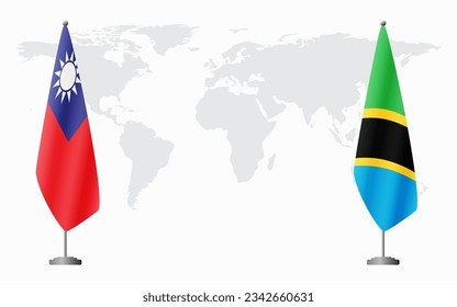 Taiwan and Tanzania flags for official meeting against background of world map.
