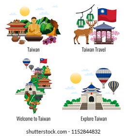 Taiwan travel 4 flat compositions with culture sightseeing landmarks tourists attractions map flag temple isolated vector illustration 