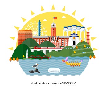 Taiwan travel concept, famous attraction in flat design style