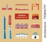 Taiwan travel concept, famous Taipei attractions collection in flat design