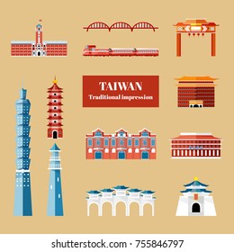 Taiwan travel concept, famous Taipei attractions collection in flat design