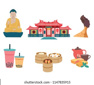 Taiwan travel element set with famous places and foods, isolated on white background, flat design, illustration, vector