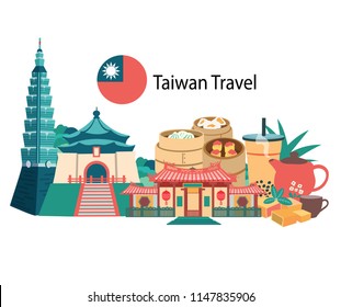 Taiwan travel with famous landmarks and foods, all in flat style background banner, illustration, vector