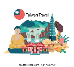 Taiwan travel with famous landmarks and foods, all in flat style background , banner, illustration, vector