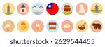 Taiwan travel landmarks, culture elements, food and animals in round color icon set. Taipei city tower and stone lion guardian, bubble tea and bear, traditional palace cartoon vector illustration