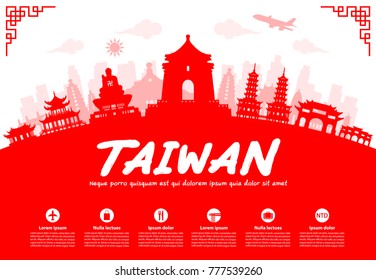 Marcos turísticos de Taiwan. Vetor e Ilustração