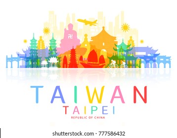 Marcos turísticos de Taiwan. Vetor e Ilustração