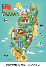 Taiwan travel map, with chinese characters writing sun moon lake on the stele and the red house on the red building