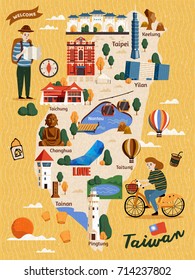 Taiwan Travel map, hand drawn style attractions and specialties with two travelers