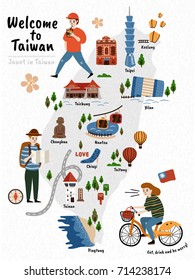 Taiwan Travel map, hand drawn style attractions and specialties with three travelers