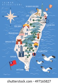 Taiwan travel poster, taiwan map with famous attractions