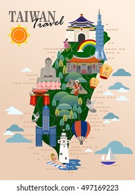 Taiwan travel poster, taiwan map with famous attractions. Blessed and happy in Chinese on the sky lantern.