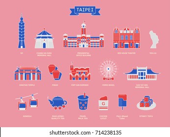 Taiwan travel symbol collection, famous architectures and specialties in Taipei in flat design style isolated on pink background, tricolor design Taiwan travel symbol collection, famous architectures and specialties in Taipei in flat design style isolated on pink background, tricolor design
