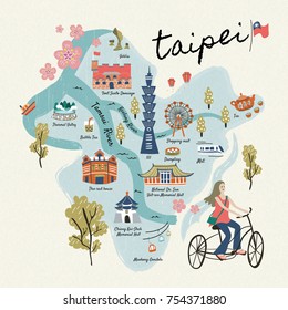 Taiwan travel symbols collection, hand drawn style famous attractions and delicious snacks in Taipei